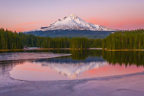 Alpine Glow Ice & Water Reflections Orange Pink Snowcapped Mount Hood! Trillium Lake Mount Hood Reflections Sunset Snow Fine Art Landscape Nature Photography! Oregon Mount Hood DJI Mavic 3 Classic 4/3 CMOS Hasselblad Camera Aerial Drone Photos McGucken