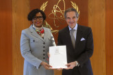 The new Resident Representative of Burkina Faso to the IAEA, HE Ms. Maimounata Quattara presented er credentials to IAEA Director General Rafael Mariano Grossi, at the Agency headquarters in Vienna, Austria. 3 April 2023

