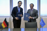 Rafael Mariano Grossi, IAEA Director General met with Günter Sautter, Director General for International Order, The United Nations and Arms Control in the Federal Foreign Office, as they sign the Agreement between the International Atomic Energy Agency and the Federal Republic of Germany concerning a Contribution towards Assistance to Ukraine on Nuclear Safety and Security, at the Agency headquarters in Vienna, Austria. 17 March 2023. 