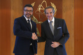 Rafael Mariano Grossi, IAEA Director-General, met with Camilo Prieto, Colombian Physician, Climate Science Professor and Researcher, and Founder of the NGO Movimiento Ambientalista Colombiano, during his official visit at the Agency headquarters in Vienna, Austria. 6 October 2023. 