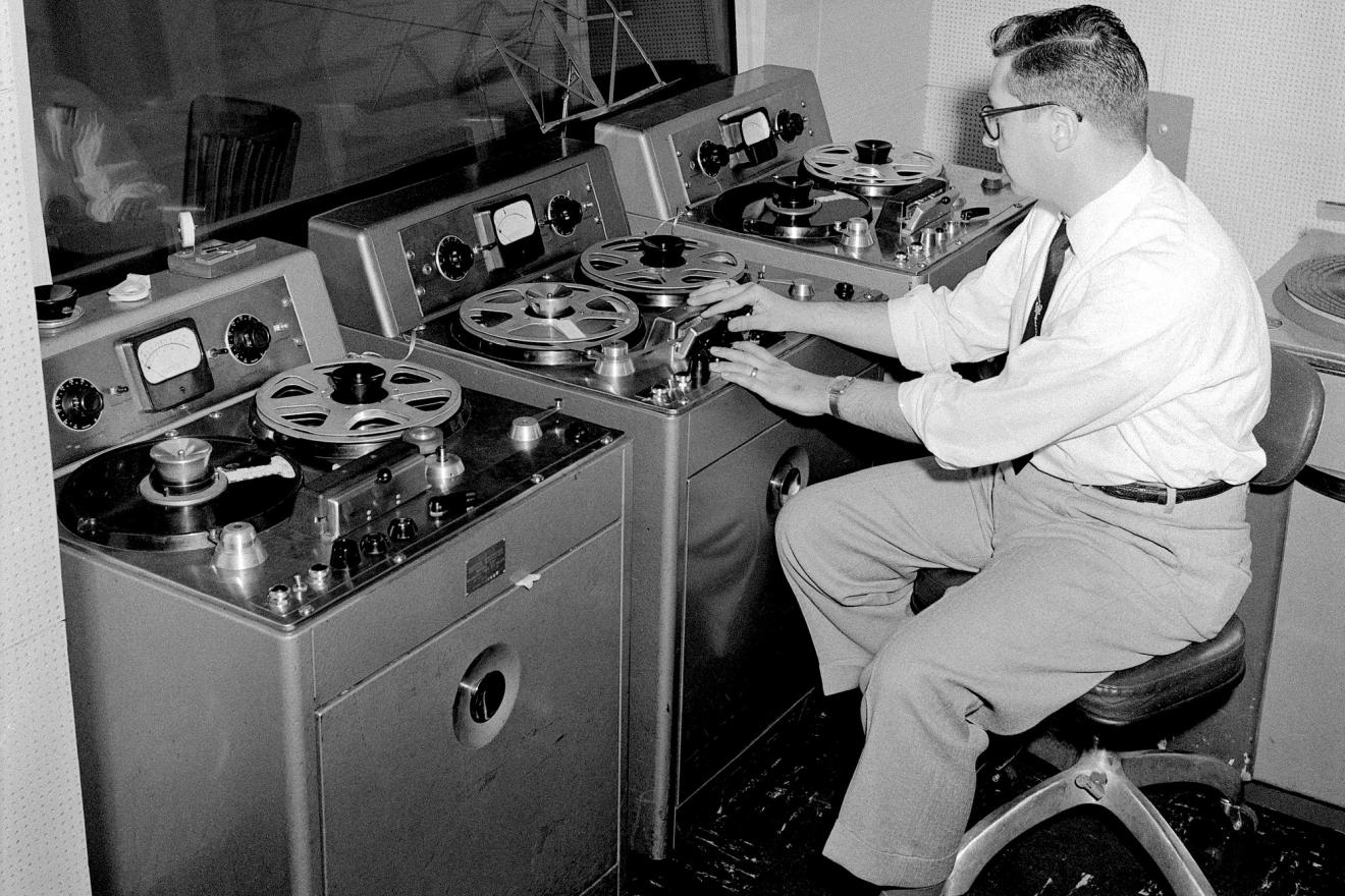 An audio engineer working at UN Radio Facilities. New York, 1955.